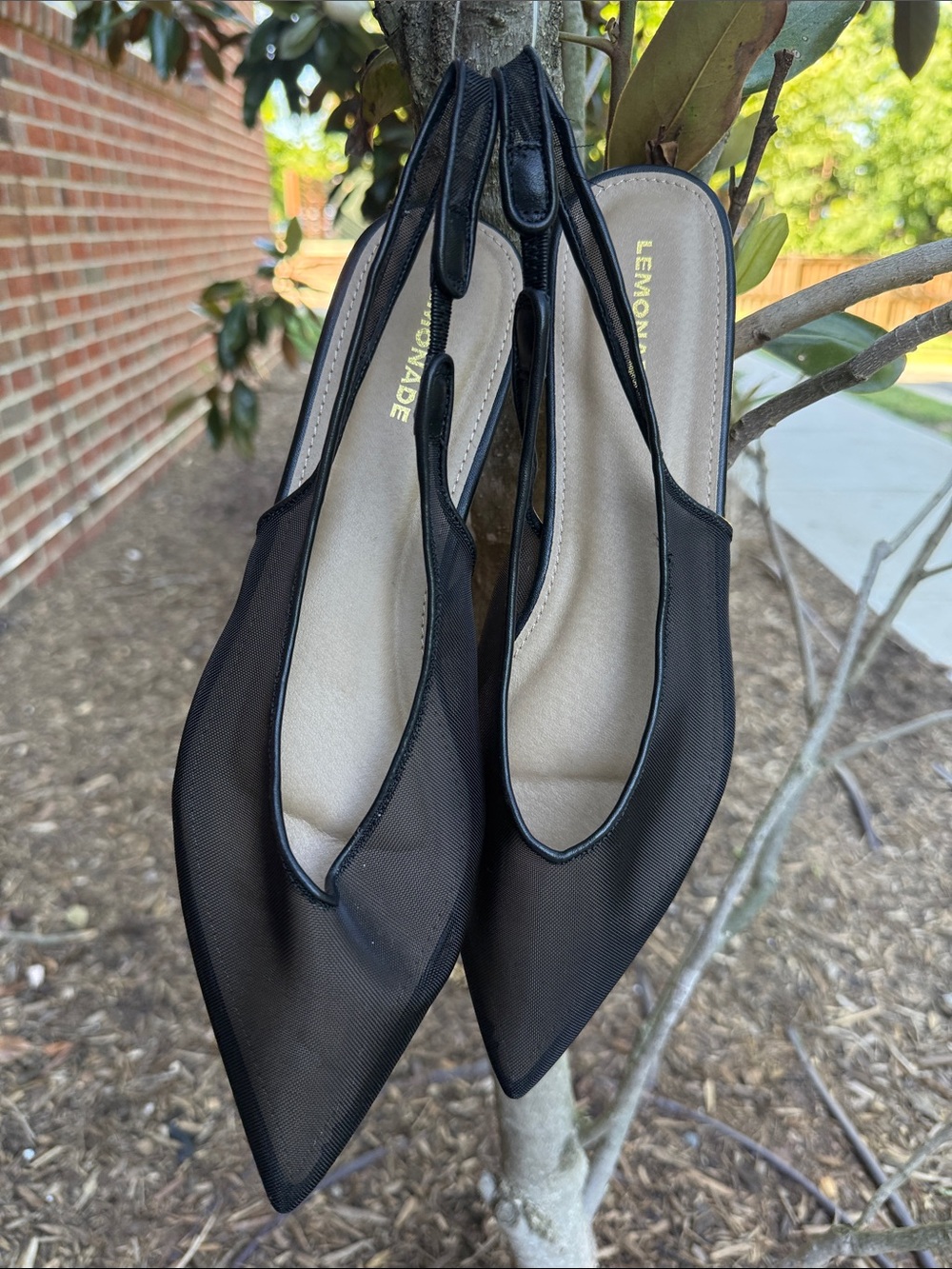 Lemonade Black Mesh Pointed Slingback Flats